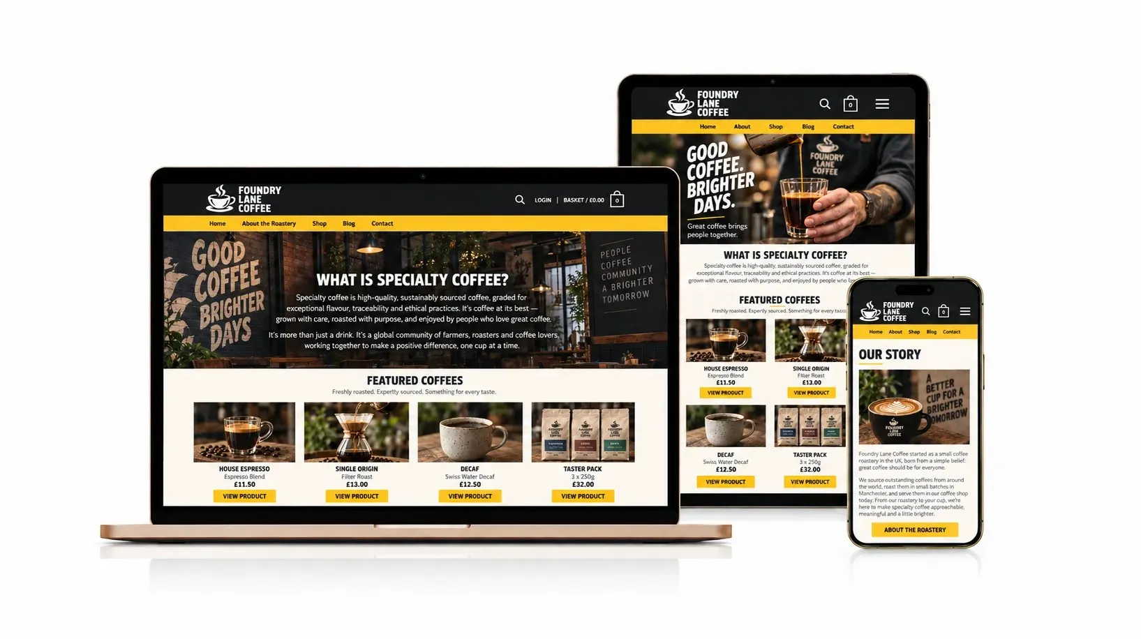 Desktop homepage of the Foundry Lane Coffee website